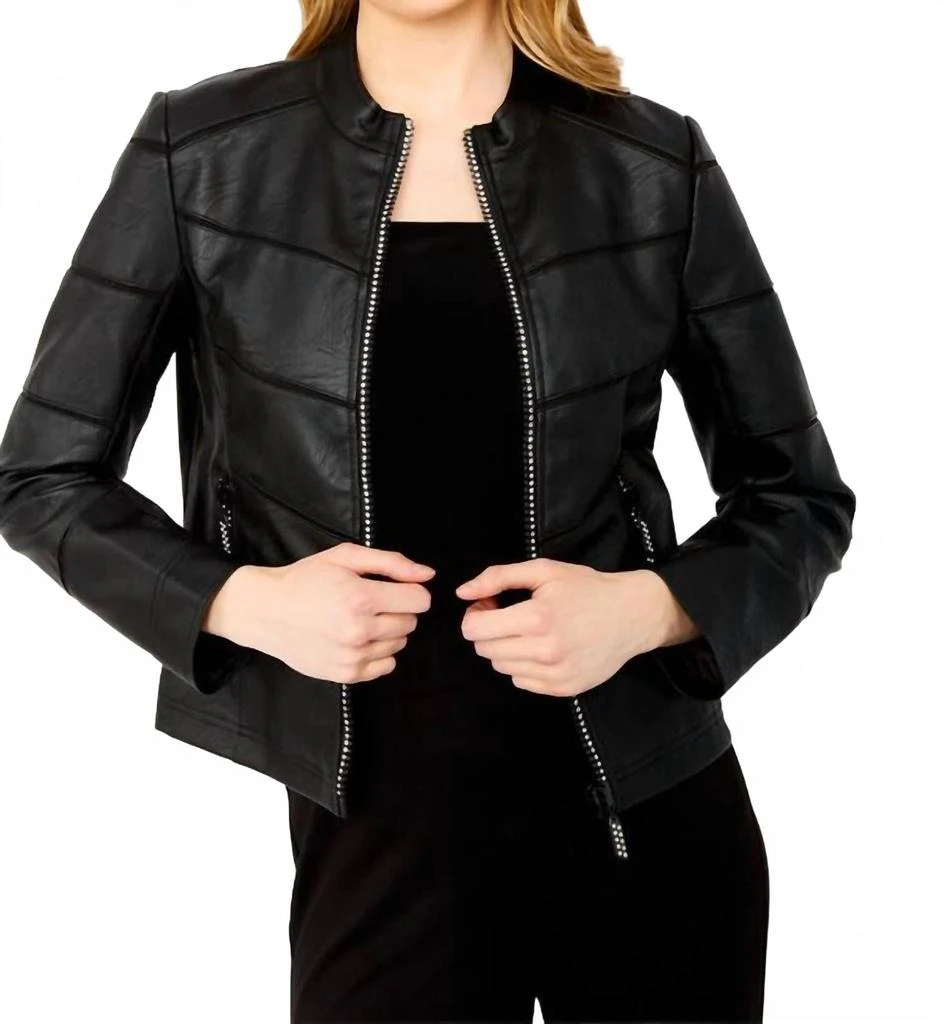 Frank Lyman Women
s Faux Leather Bling Zip Jacket In Black