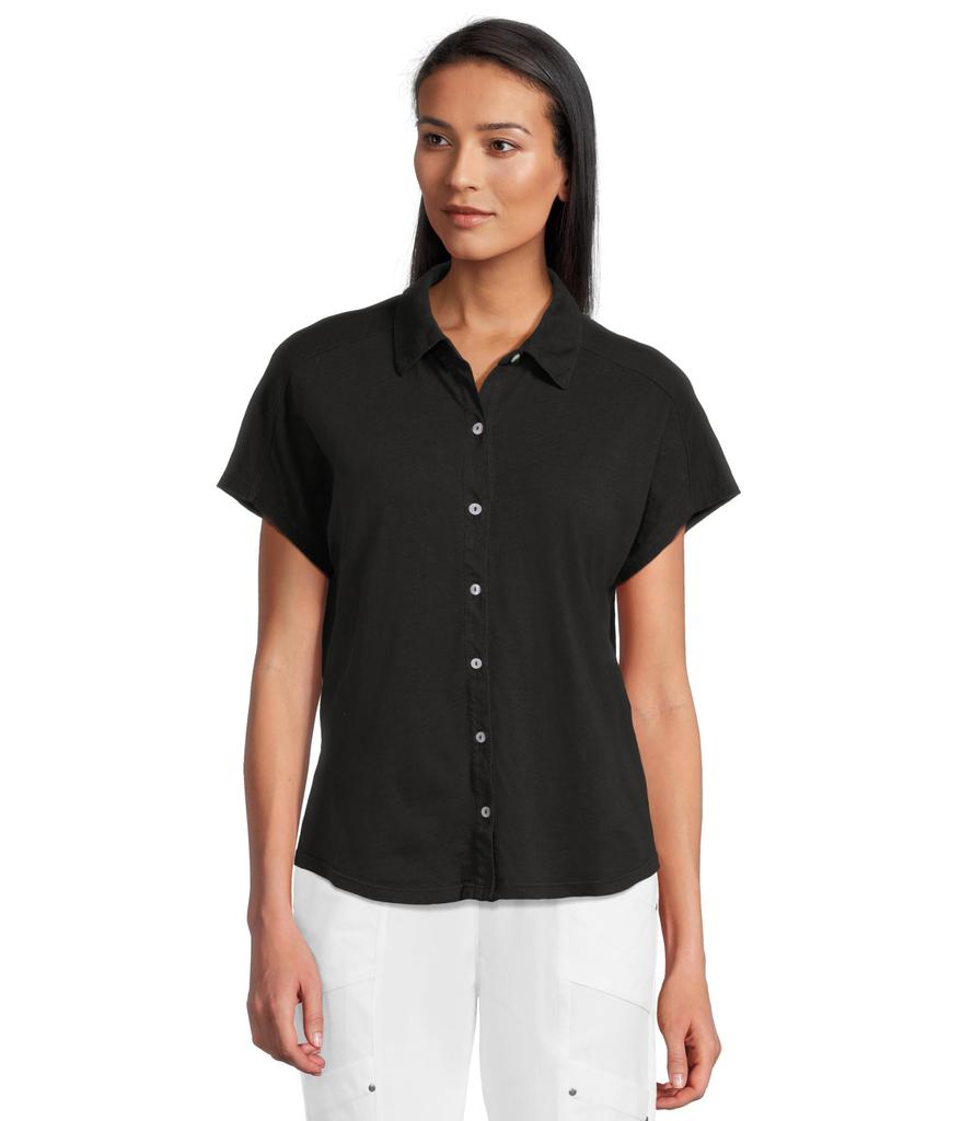 Elliott Lauren Enzyme Wash Jersey - Short Sleeve Button Front Tee with Collar