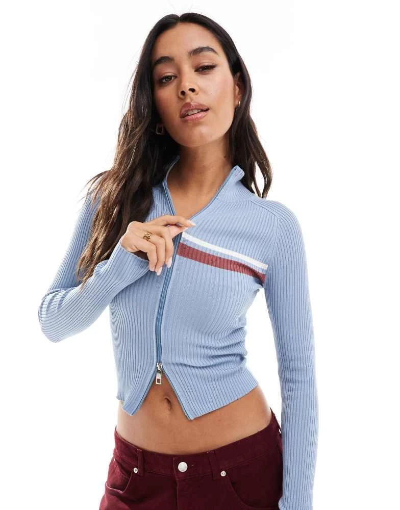 Pull&Bear Pull&Bear ribbed zip through jumper with stripe detail in blue 1