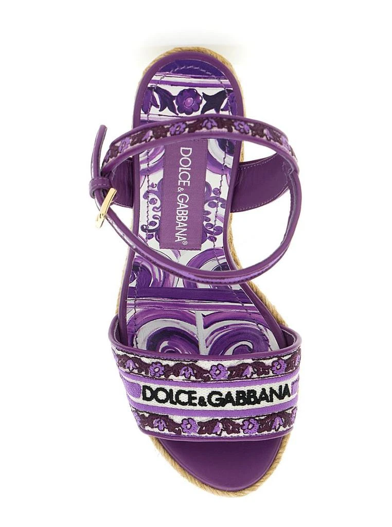Dolce & Gabbana Violet Wedges With Logo Embroidery On The Front And All-Over Majolica Motif In Cotton Blend Woman 4