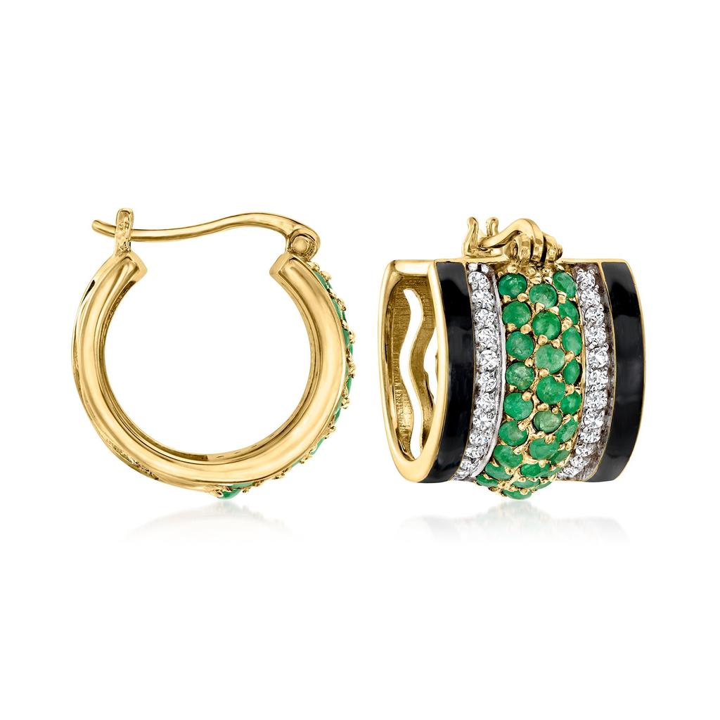 Ross-Simons Emerald and . White Zircon Hoop Earrings With Black Enamel in 18kt Gold Over Sterling