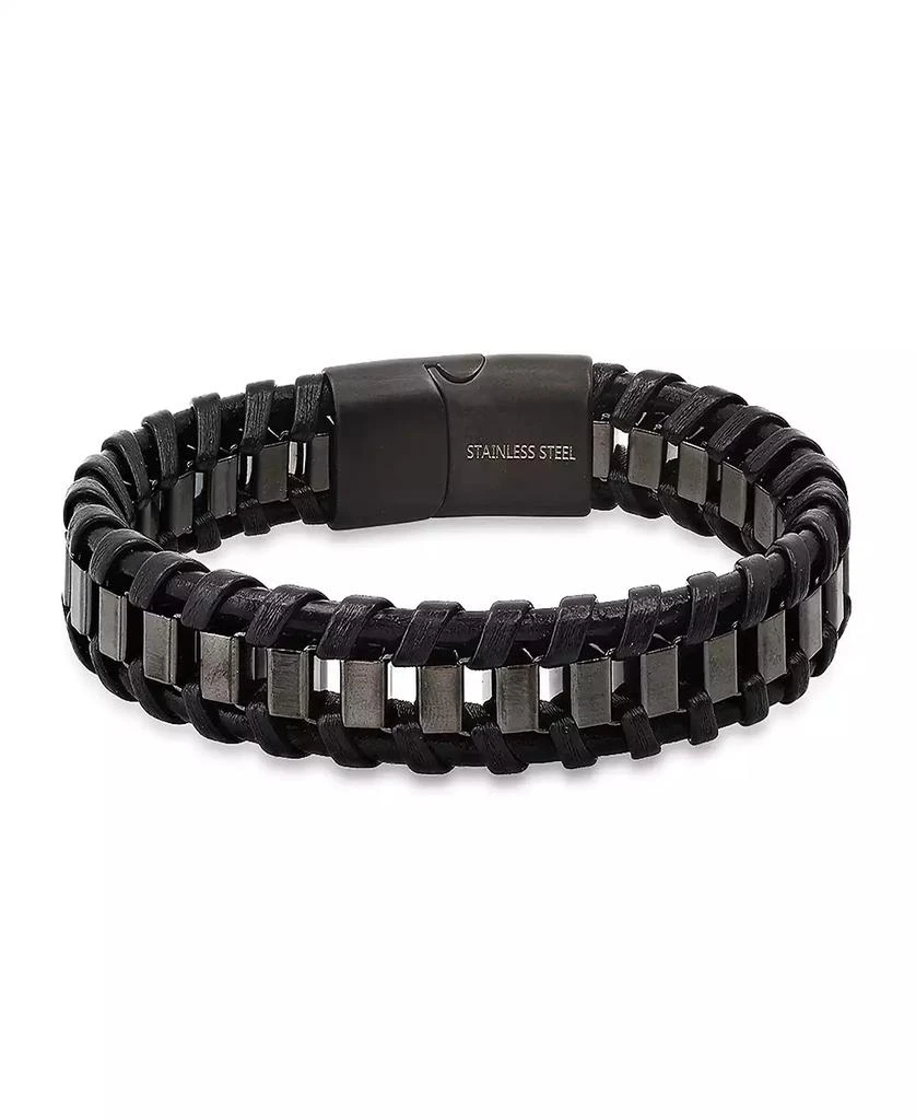 STEELTIME Men�’s Black Leather and Black IP Stainless Steel Box Link Braided Bracelet 1