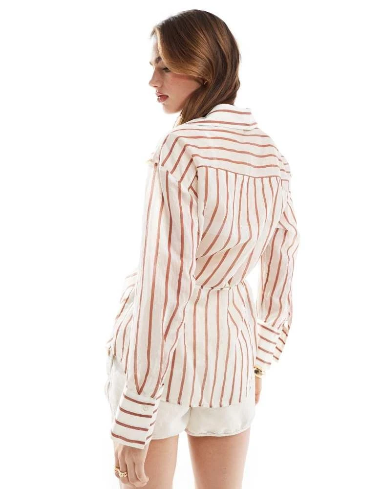 Mango Mango tie front stripe shirt in light brown 4