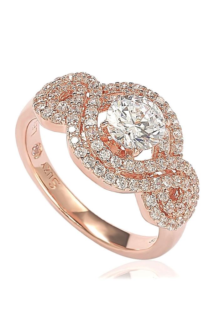 Suzy Levian Rose Plated Sterling Silver Round Cubic Zirconia Halo Engagement Ring