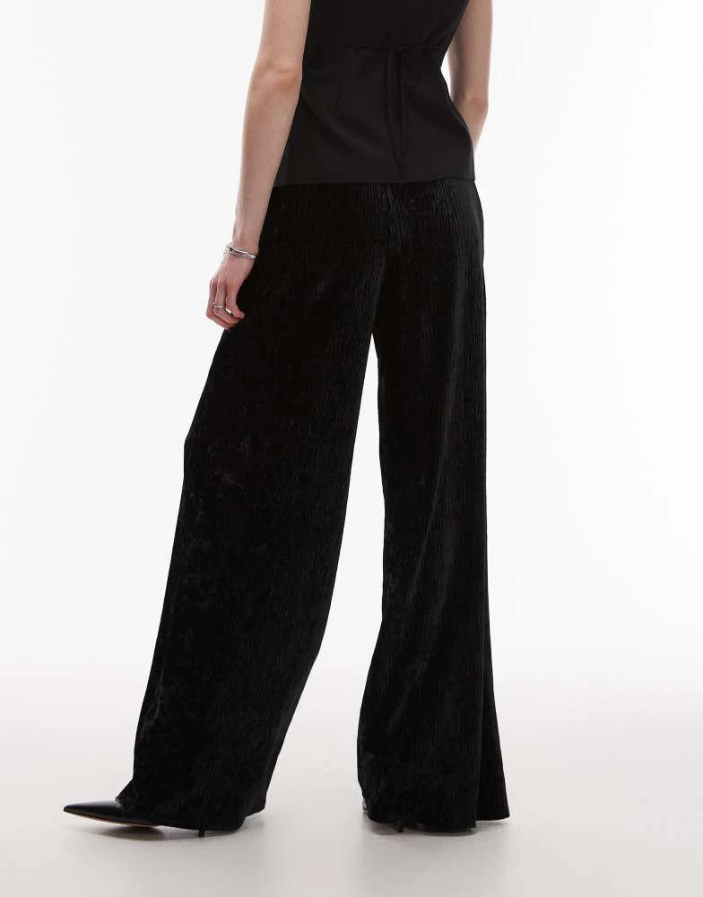 Topshop Tall Topshop Tall crushed velvet wide leg trouser with skinny waistband in black 5
