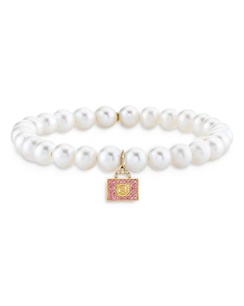 Sydney Evan Wicked x Sydney Evan 14K Yellow Gold Glinda Pink Sapphire Luggage Charm Freshwater Pearl Bracelet 1