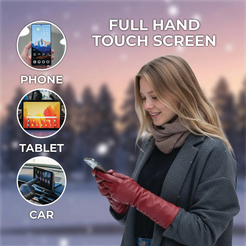 Infinity Leather Womens Long Red Italian Leather Soft Wool Lining Winter Button Design Driving Gloves 4