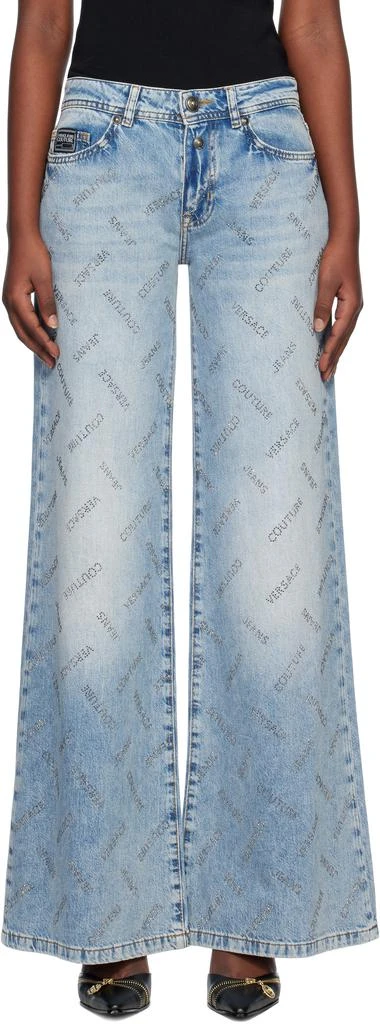 Versace Blue Crystal Logo Flared Jeans 1