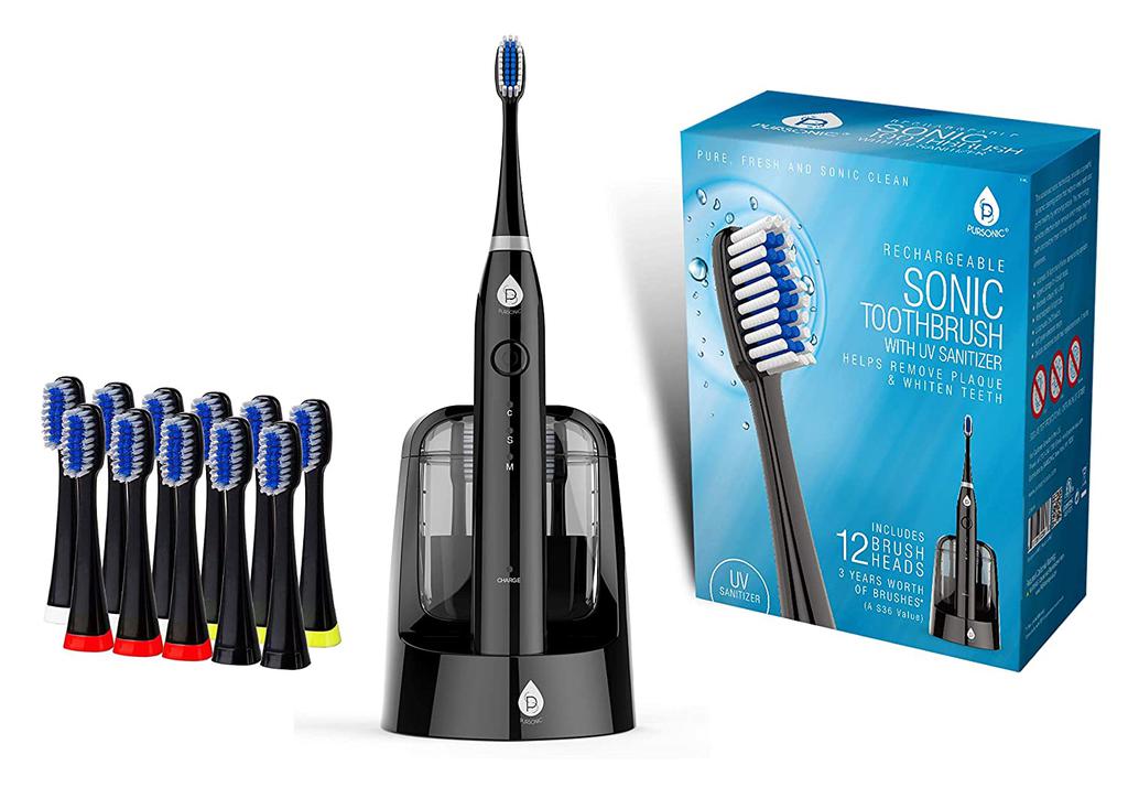 PURSONIC Sonic SmartSeries Electronic Power Rechargeable Battery Toothbrush with UV Sanitizing Function,  Includes 12 Brush Heads,BLACK