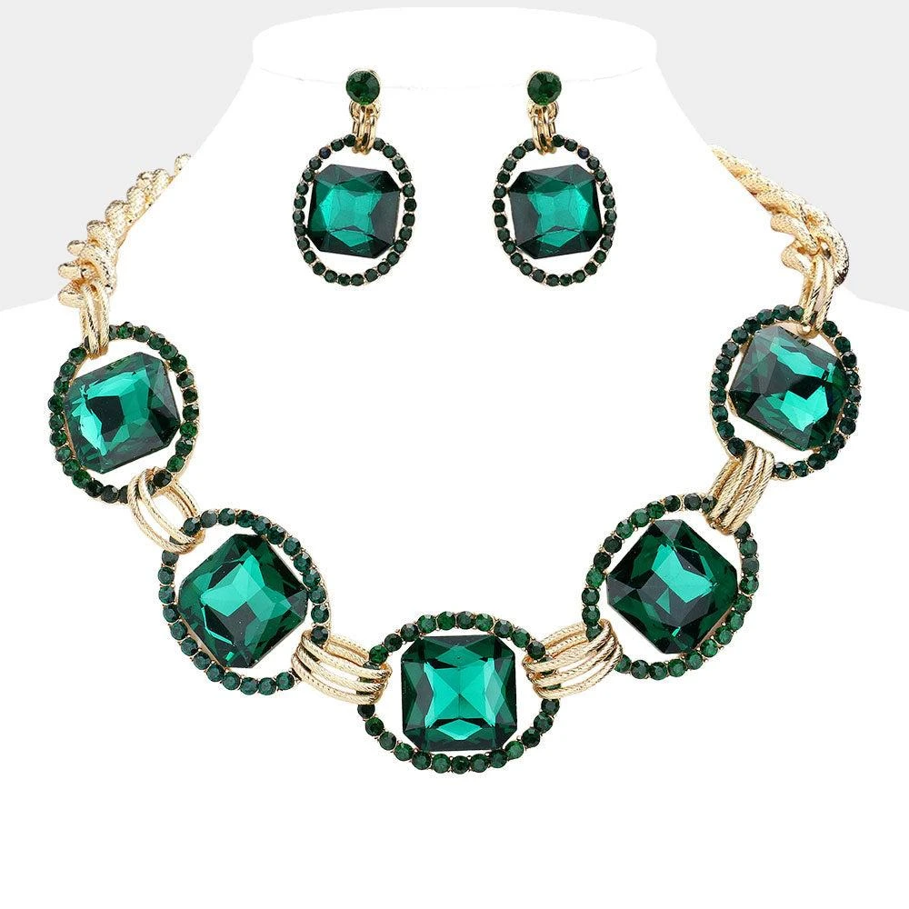 FASHNZFAB Pave trim glass crystal link necklace
