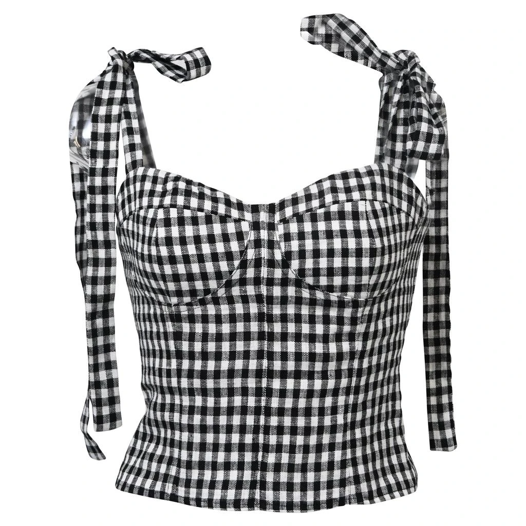 Reformation Cropped Gingham Print Self-Tie Top in Black and White Cotton 1