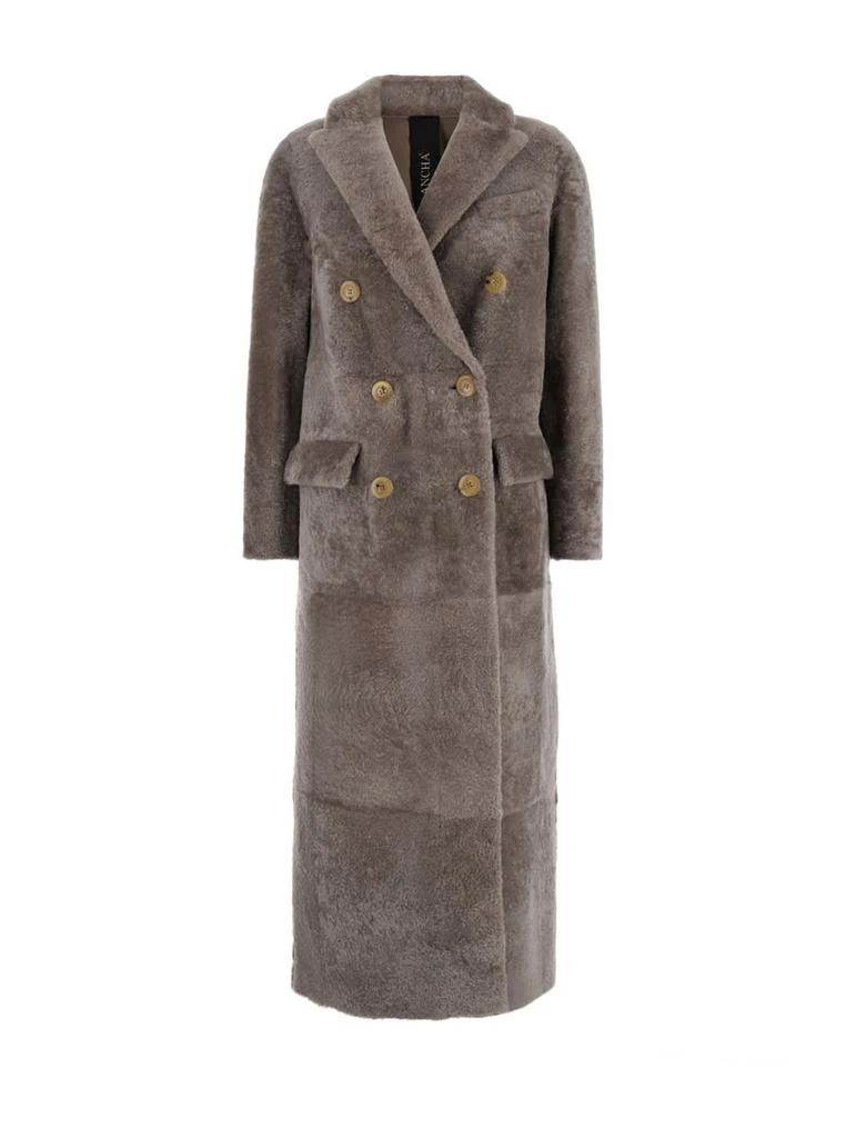 BLANCHA Brown Long Double Breasted Coat In Shearling Woman 1