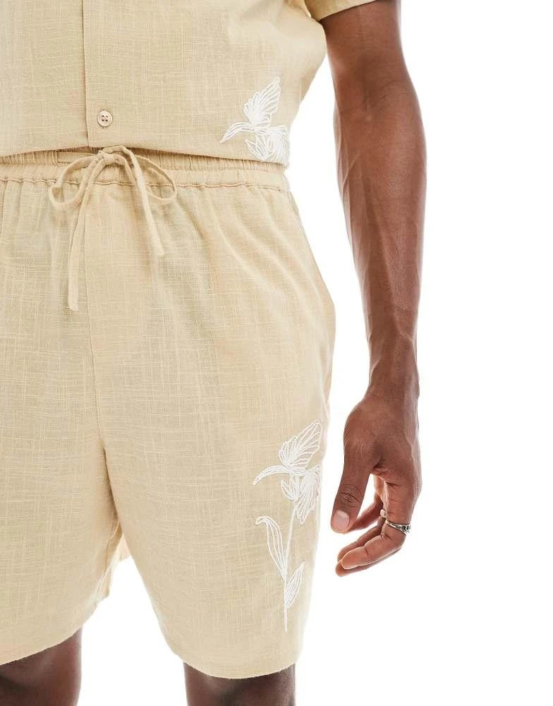 New Look New Look crinkle embroidered shorts co-ord in stone 5