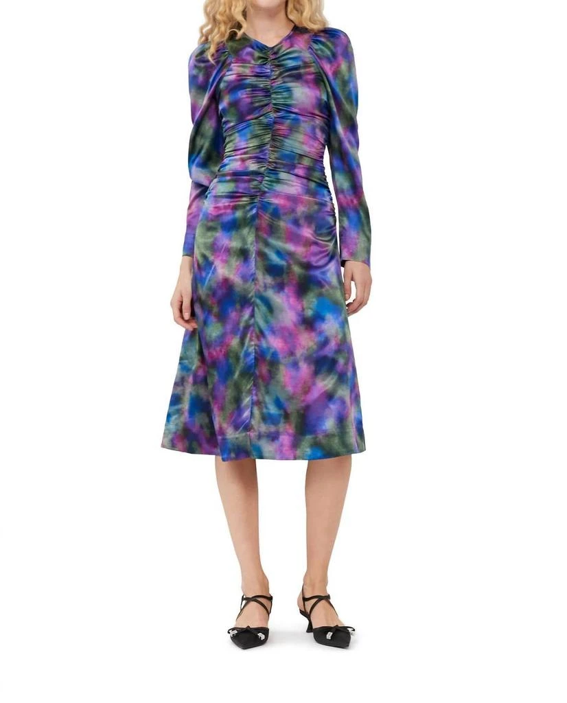 ganni dress purple Ganni Ruched Printed Stretch-mesh Midi Dress In Violet