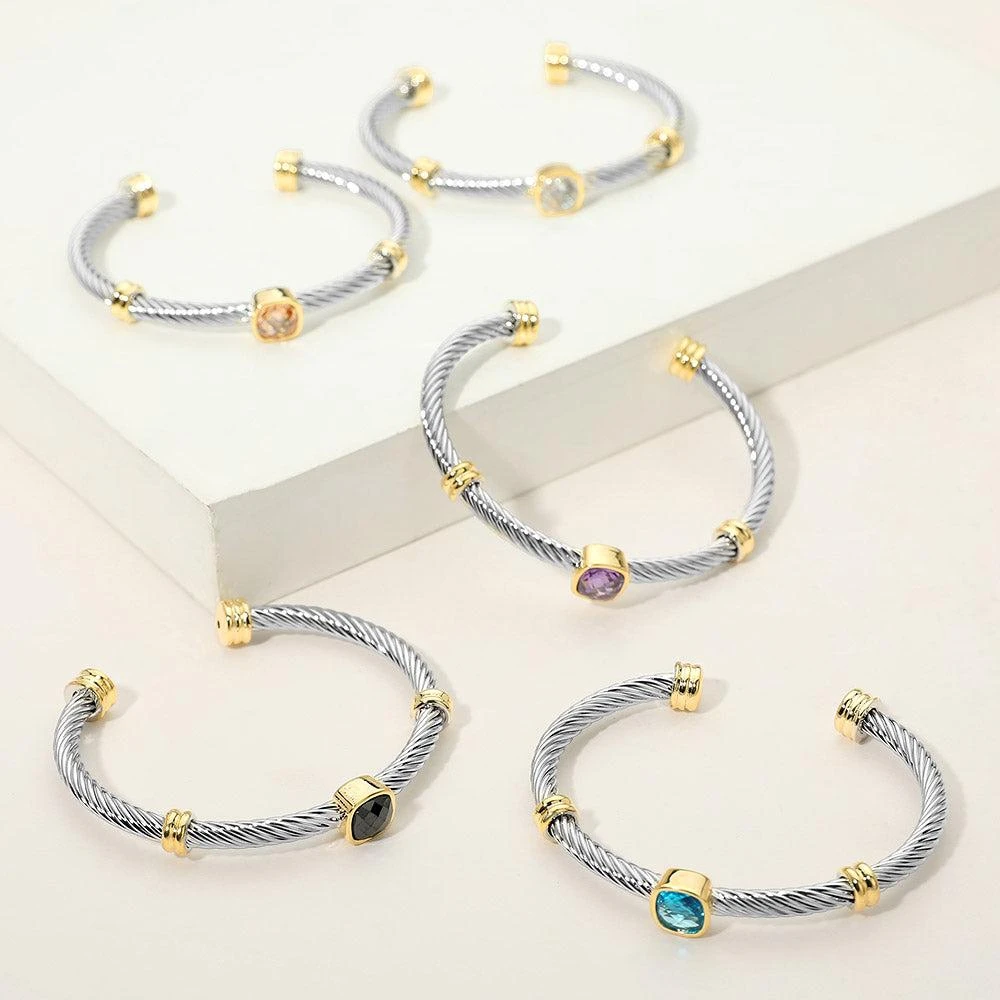 FASHNZFAB Square CZ Bezel Accent Two Tone Twisted Cable Cuff Bracelet 3
