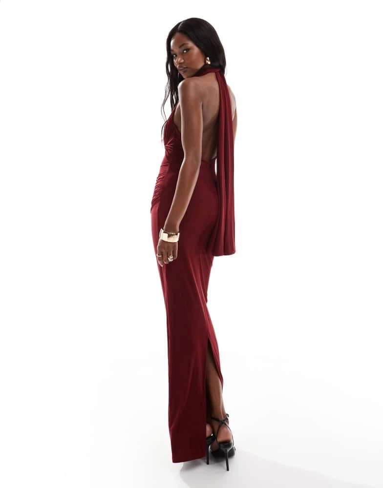 ASOS ASOS DESIGN mesh twist bust detail halter maxi dress with tie back  neck in wine - Dresses & Skirts - Free Shipping - BeyondStyle