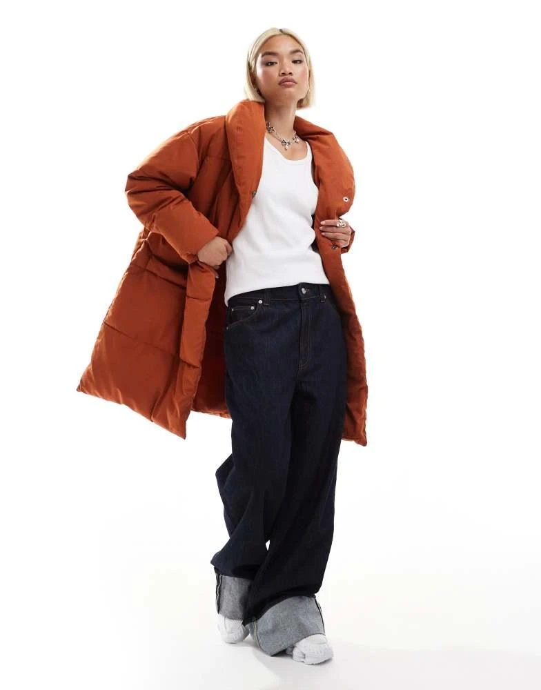 Monki Monki padded mid length coat in rust 2