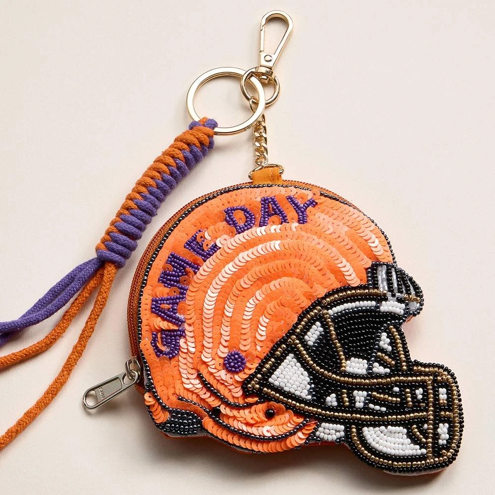 FASHNZFAB CLEMSON GAME DAY Football Helmet Sequin Seed Beaded Knot Keychain Mini Pouch Bag