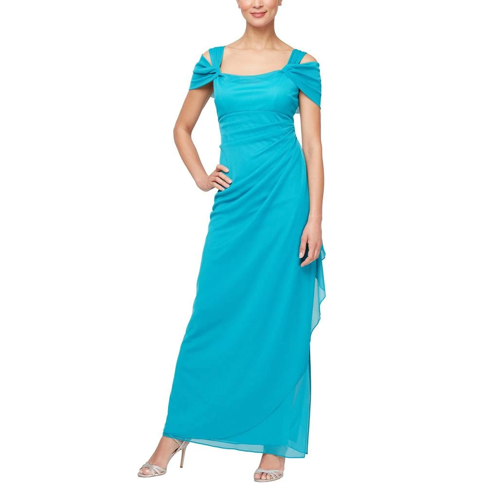 Alex Evenings Long Mesh Dress with Cold Shoulders 1