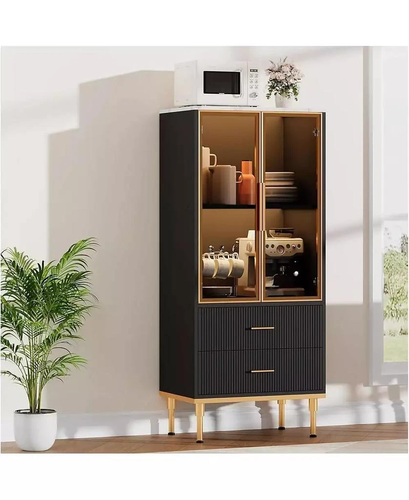 gaomon Fluted Glass Door Storage Cabinet w/Adjustable Shelves 
2 Drawers |Black Contemporary Display Unit for Kitchen Pantry or Living Room Storage