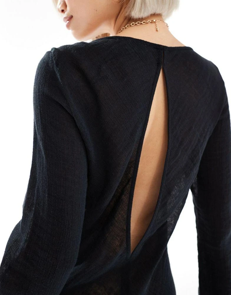 Weekday Weekday Ginko linen blend long sleeve mini dress in black 4