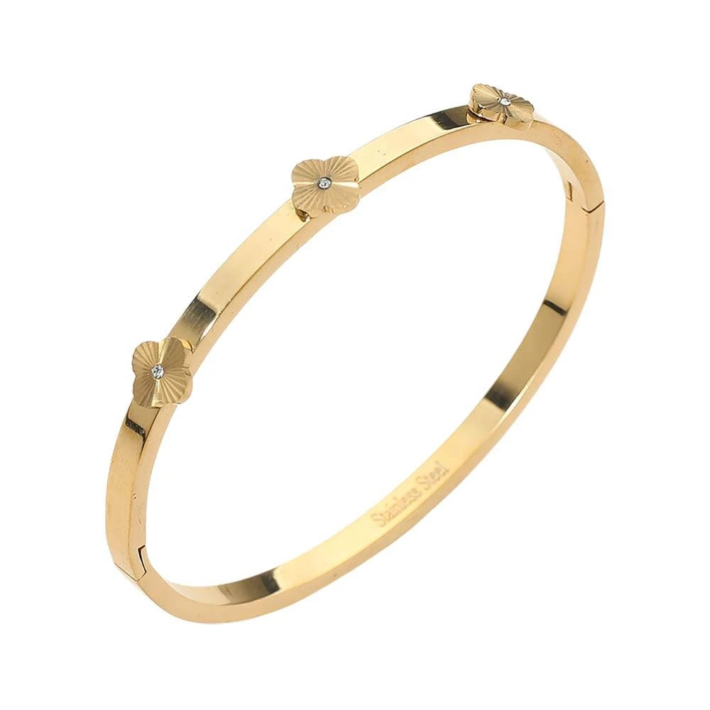 FASHNZFAB Stainless Steel CZ Center Quatrefoil Station Hinged Bangle Bracelet 2