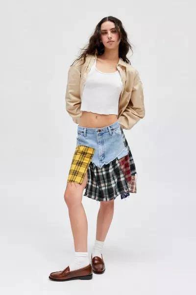 Urban Renewal ReMADE By UO Spliced Flannel Denim Mini Skirt 1