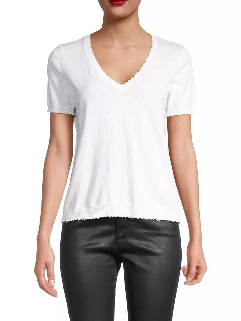 Minnie Rose Cotton-Cashmere Frayed V-Neck T-Shirt 3