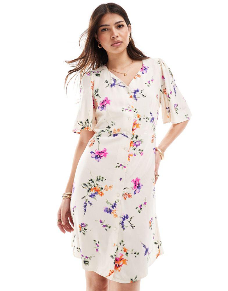 Y.A.S. YAS flutter sleeve shirt mini dress in cream floral  - MULTI