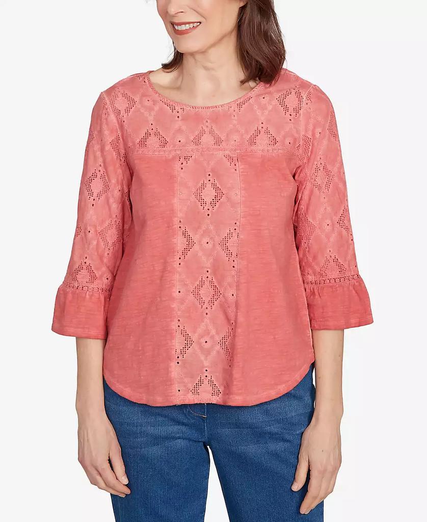 Alfred Dunner Women's El Paso Diamond Textured Spliced Bell Sleeve Top