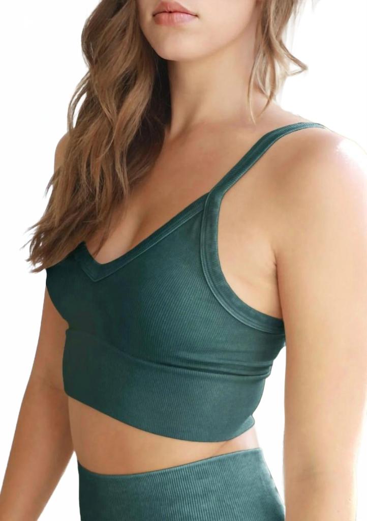 Nikibiki Ribbed V-Neck Bra Top In Vintage Jade