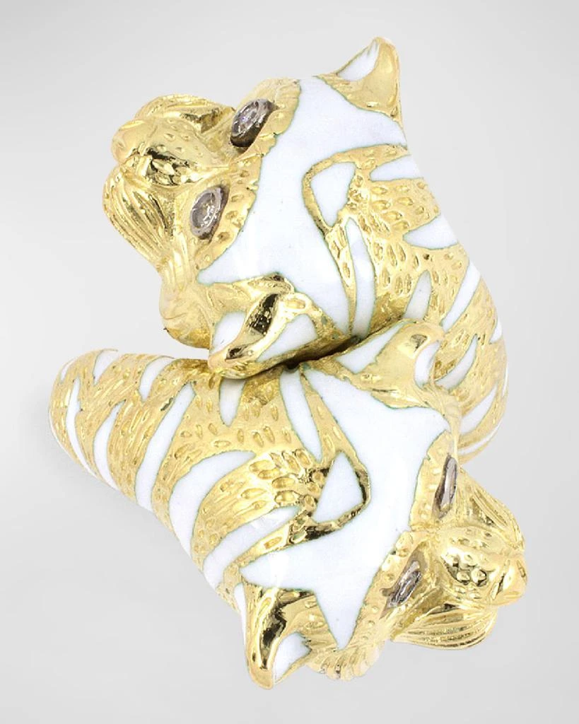 NM Estate Estate 18K Yellow Gold Twin Tiger's Head Twist Ring with Diamonds and Enamel, Size 6 1