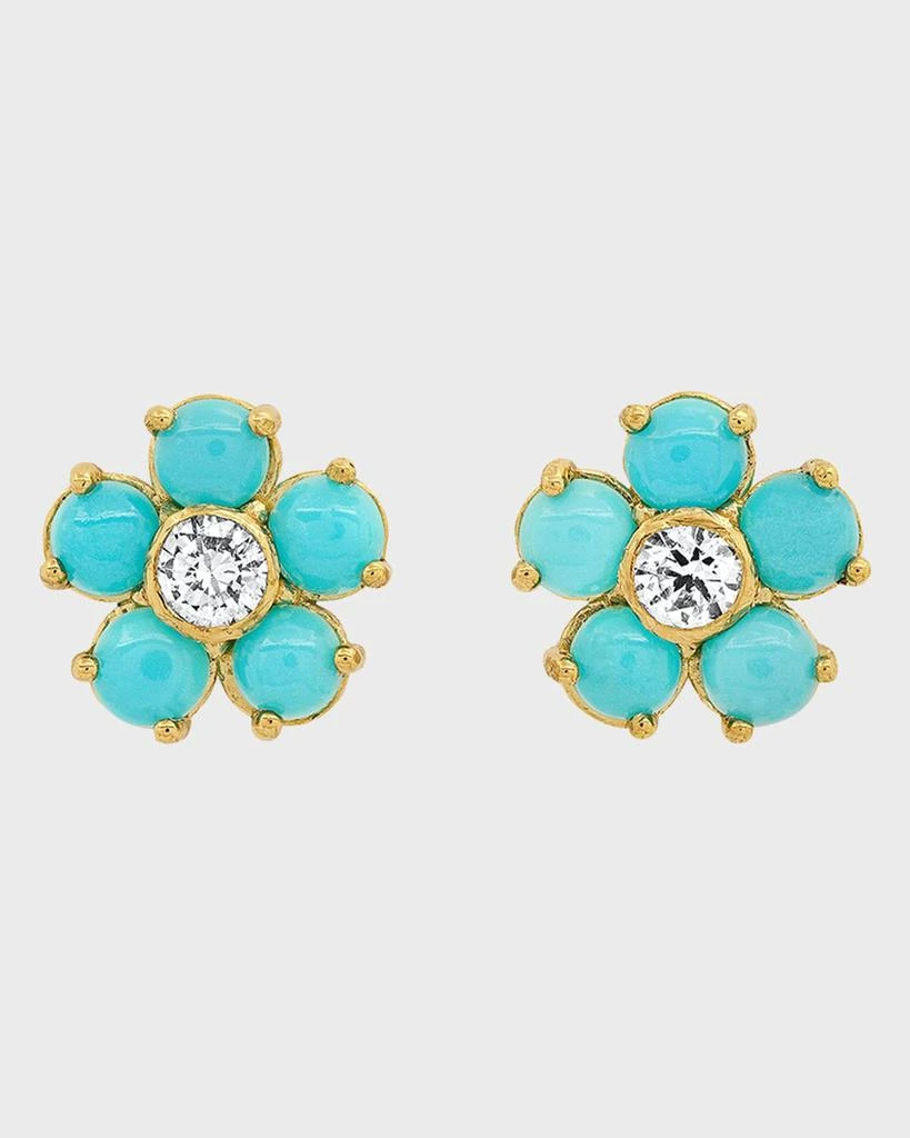 Jennifer Meyer Large Diamond Center Flower Stud Earrings with Turquoise