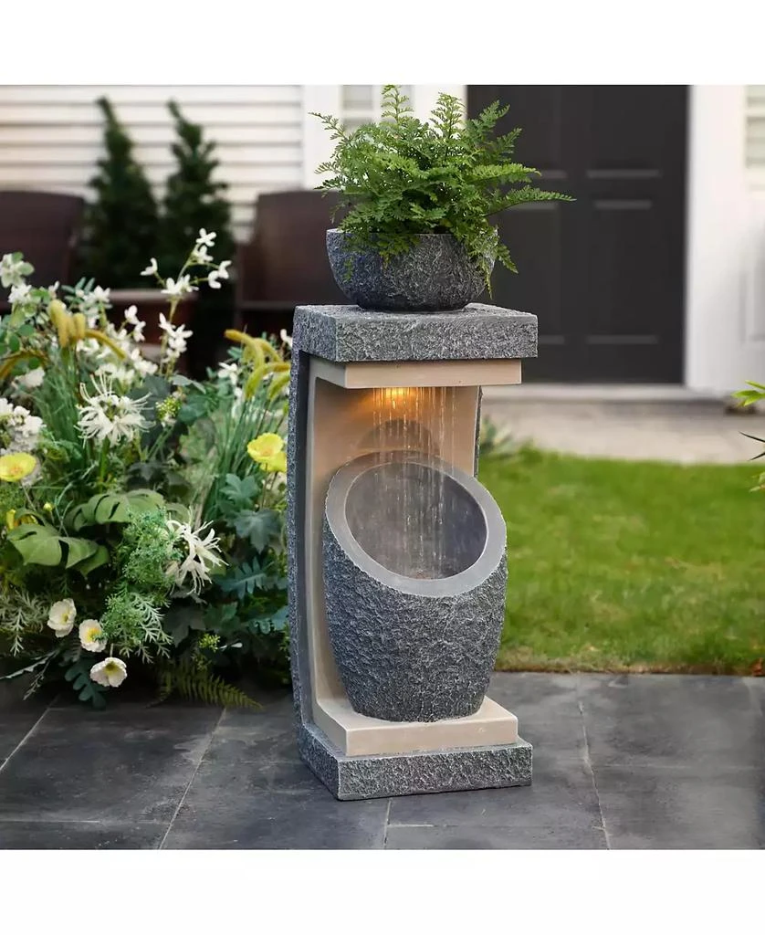 LuxenHome Gray Resin Column and Bowl Sculpture Outdoor Fountain with Lights 2