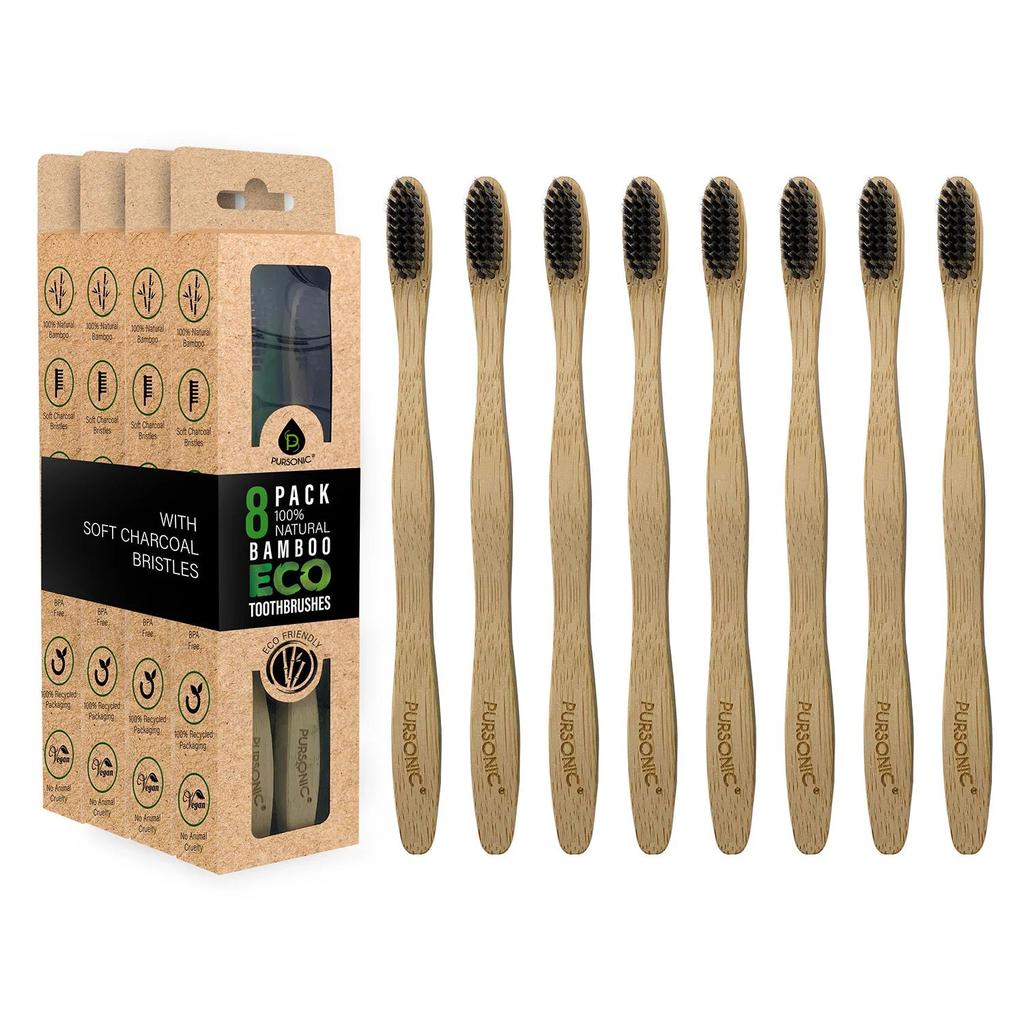 PURSONIC 100% Natural ECO Bamboo Toothbrushes with Charcoal Soft Bristles (8 pk.)