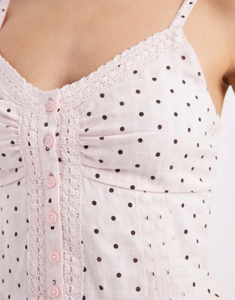 HOLLISTER Hollister strappy button front mini dress in pink polka dot 2