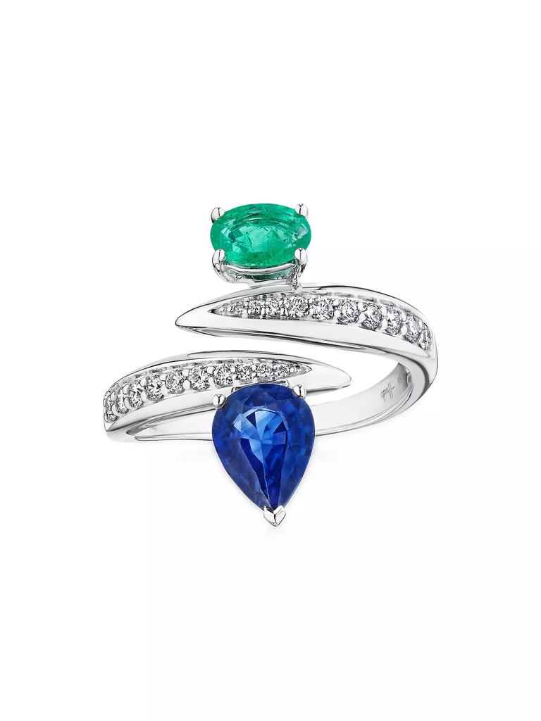 HUEB Tribal 18K White Gold, 1.62 TCW Diamonds & Multi-Gemstone Bypass Ring