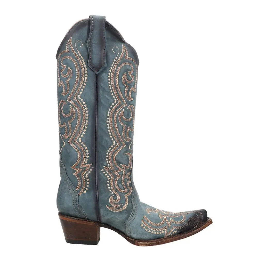 Corral Boots Blue Jean Embroidered Snip Toe Pull On Cowboy Boots