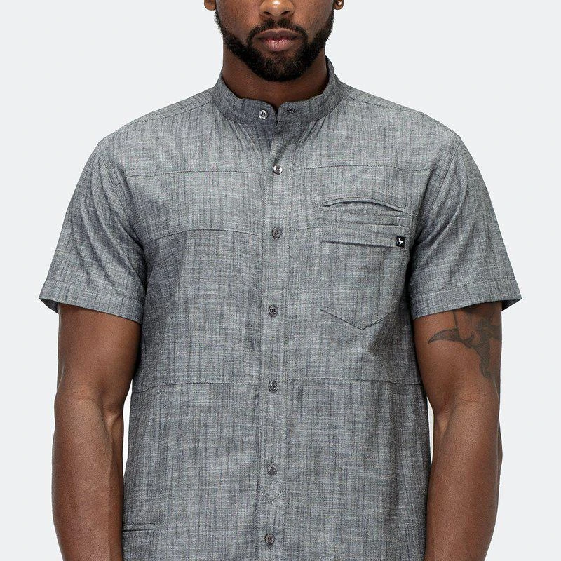 Konus Men's Short Sleeve Mandarin Collar Shirt In Charcoal 1