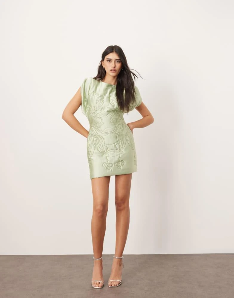 ARRANGE ARRANGE embroidered satin quilted mini dress in sage 1