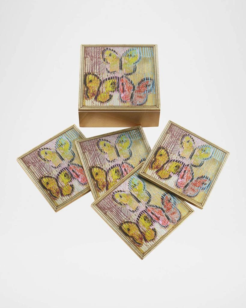 Hunt Slonem Lakeside Butterflies Gold Leaf Coaster Box, Set of 4