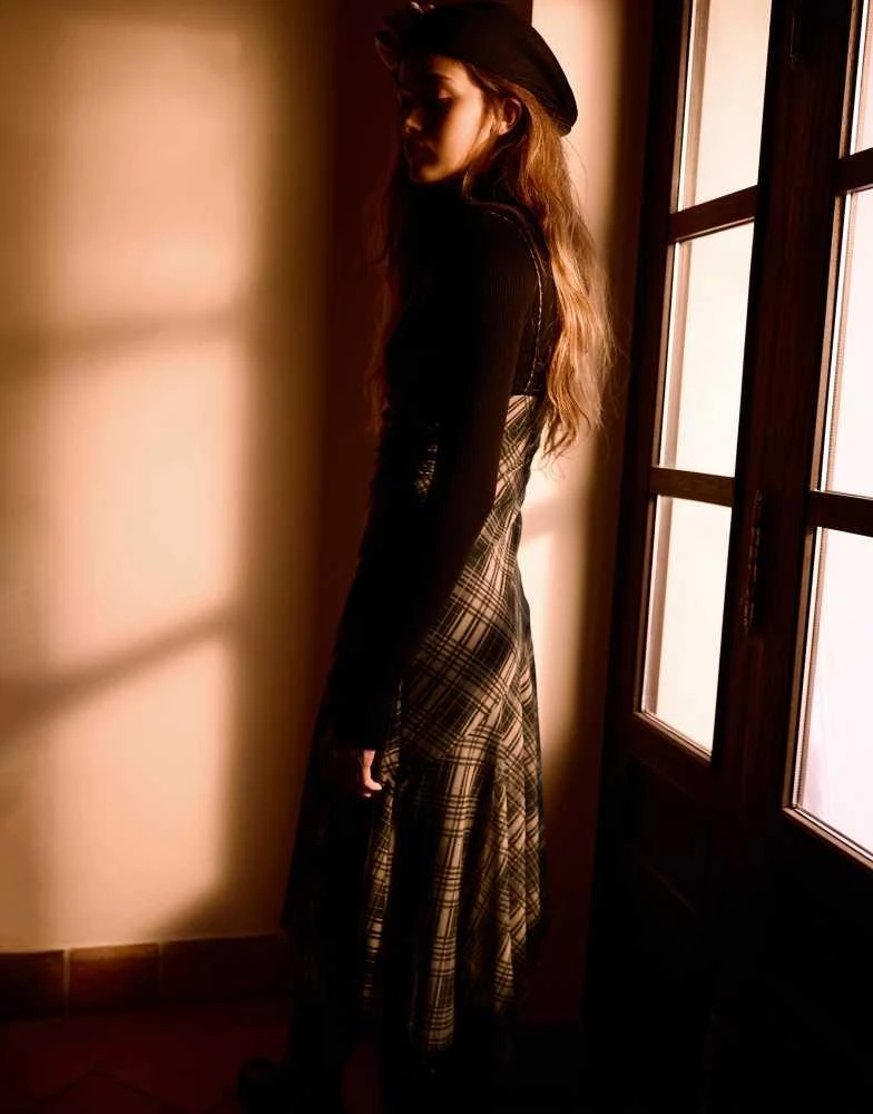 Bershka Bershka Strappy check tulle midi dress in black 2