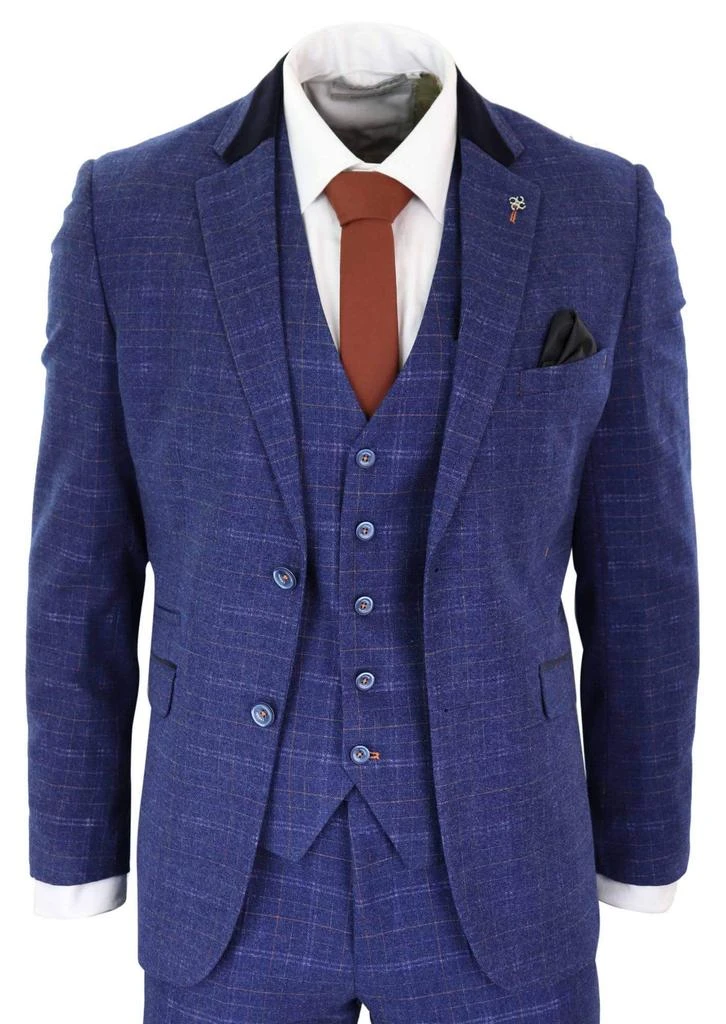 House Of Cavani Kaiser Blue Tweed Check 3 Piece Suit Classic 1