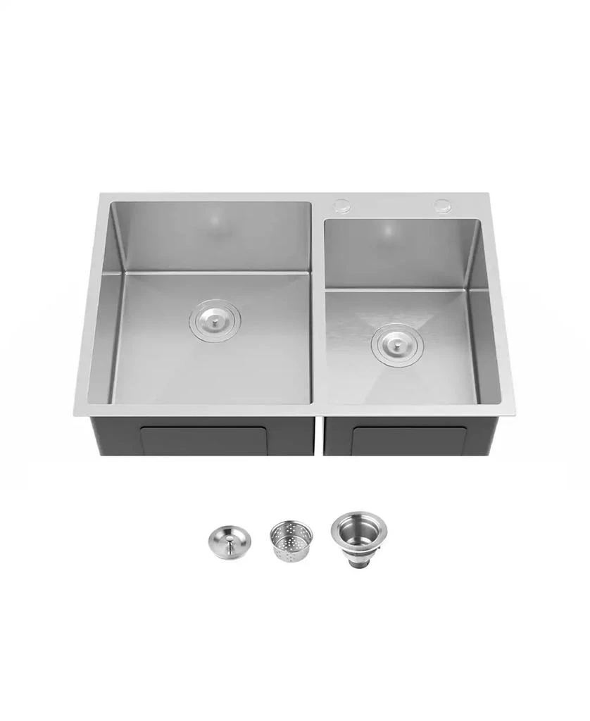 Flynama 33inchx19inch Overmount Double Bowl Brushed 304 Stainless Steel Handmade Embedded Kitchen Sink Only