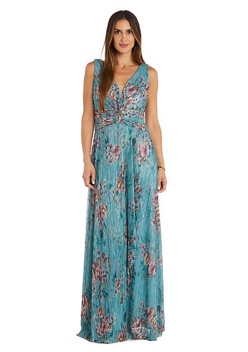 R & M Richards M Richards Long Crinkle Pleated Printed V Neck Dress With Mock Side Cascade Ruffle And Rouched Waist