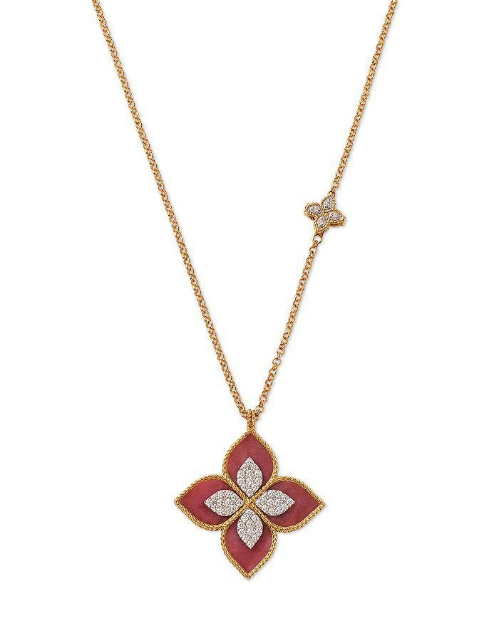 Roberto Coin 18K White & Yellow Gold Venetian Princess Pink Rhodonite & Diamond Flower Pendant Necklace, 33" 1