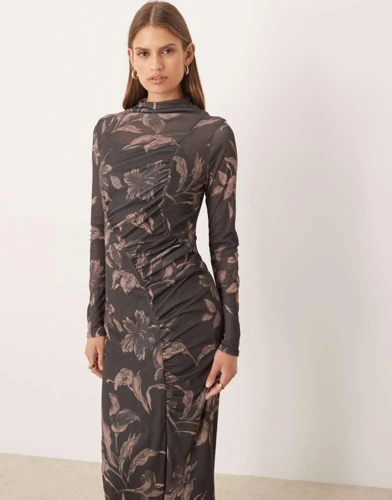 mina printed long sleeve slim fit maxi dress Ella Printed Maxi Dress Long Sleeves With Side Pockets Beige