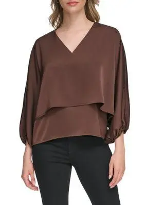 Calvin Klein Klein Womens V Neck Satin Back Crepe Popover Blouse from Belk