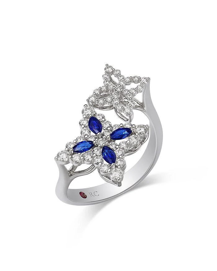 Roberto Coin 18K White Gold Diamond Princess Outline Blue Sapphire 
Diamond Flower Bypass Ring