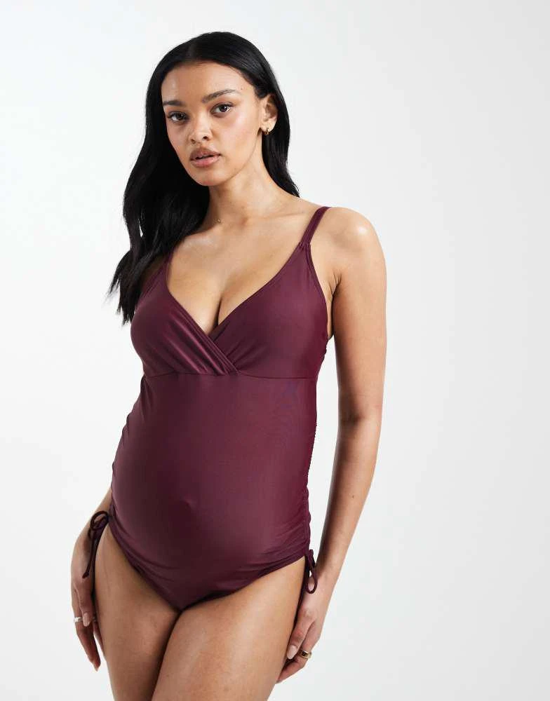 Mama.licious Mamalicious Maternity wrap front ruched side swimsuit in fig red